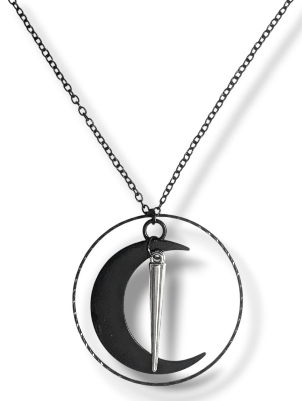 NWT Handmade Black Crescent Moon Silver Spike Hoop Layered Necklace